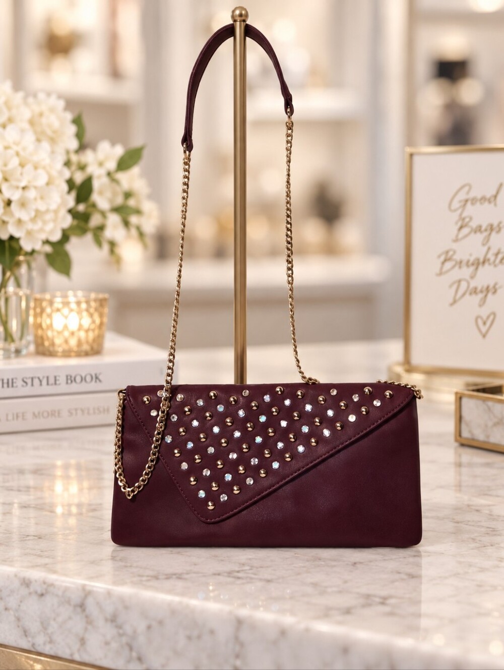 CHARMING CHARLIE |  Plum Rhinestone Envelope Crossbody Clutch Gold Chain EUC